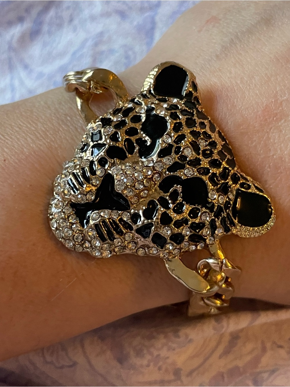 Gold and Black Leopard Head Bracelet - Statement Women's Jewelry